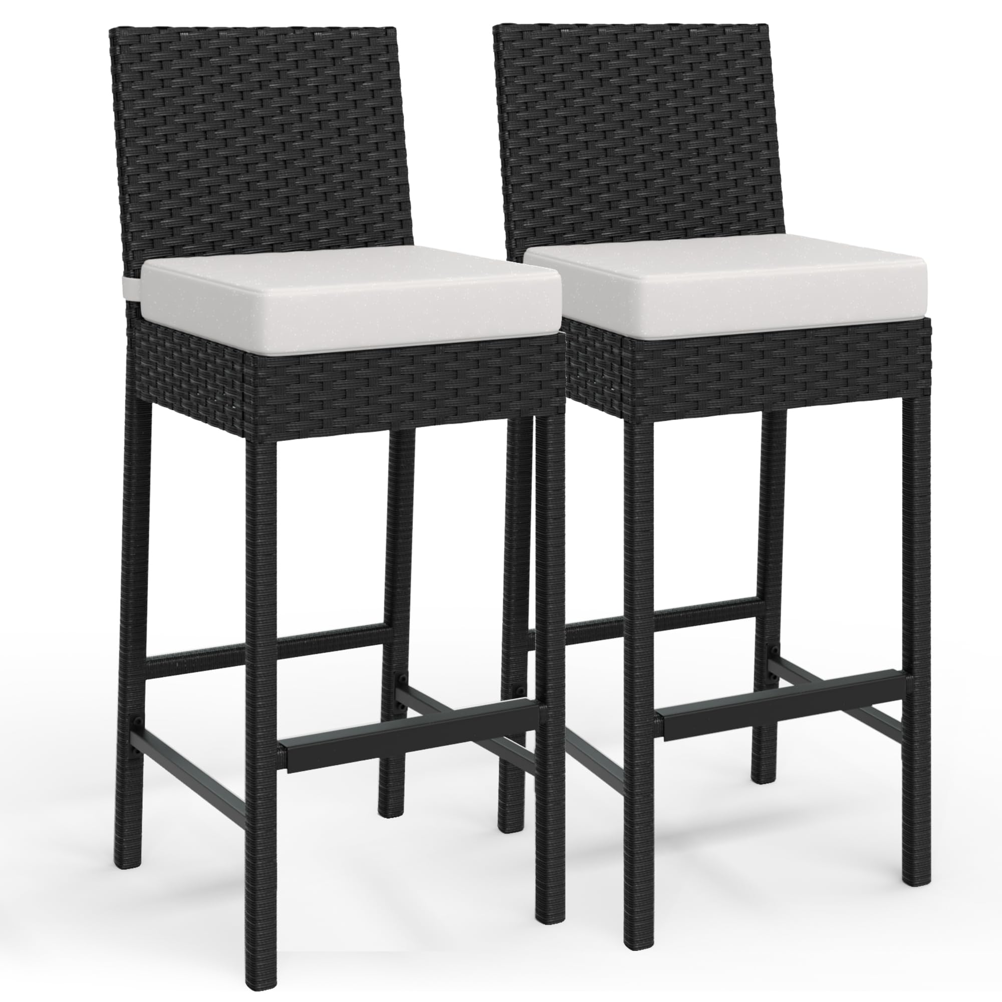 Alt View 2. Jojoka - Wicker Woven Outdoor Bar Stools Set of 2, Rattan Patio Height Bar Chairs Armless w/Soft Seat Cushion - Beige.