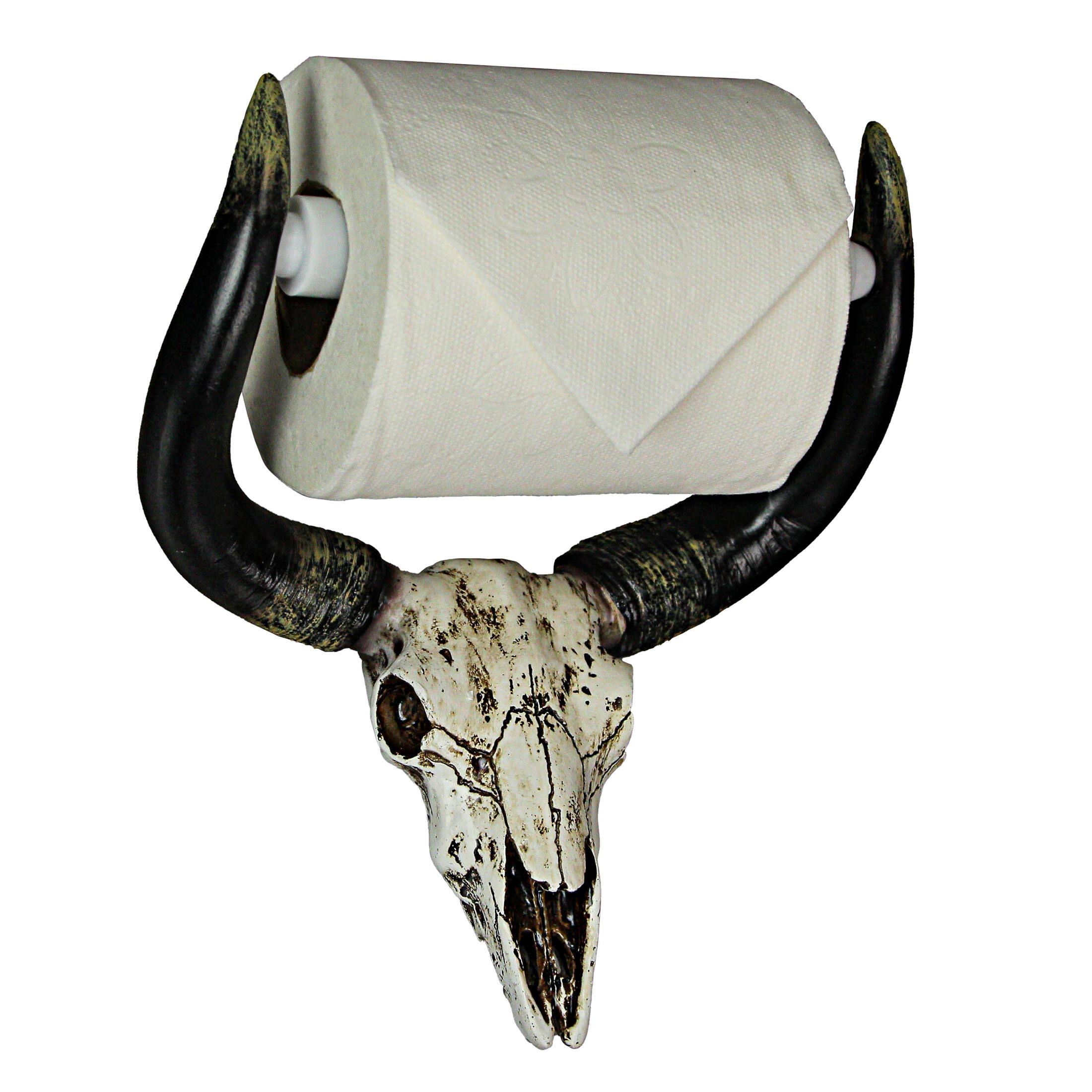 Alt View 1. Zeckos - Rustic Faux Steer Skull Decorative Toilet Paper Holder Resin Bathroom Home Decor - Black.