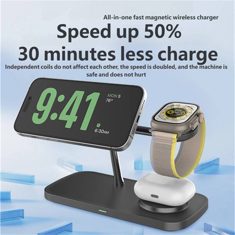 All-in-one fast magnetic wireless charger  
Speed up 50%  
30 minutes less charge  
Independent coils do not affect each other, the speed is doubled, and the machine is safe and does not hurt