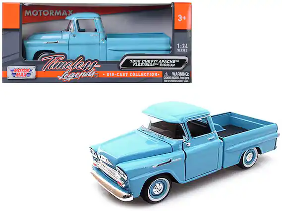 MOTORMAX
Timeless Legends
1:24 SERIES
1958 CHEVY® APACHE™ FLEETSIDETM PICKUP
DIE-CAST COLLECTION
WARNING: CHOKING HAZARD - Small parts. Not for children under 3 years.
3+