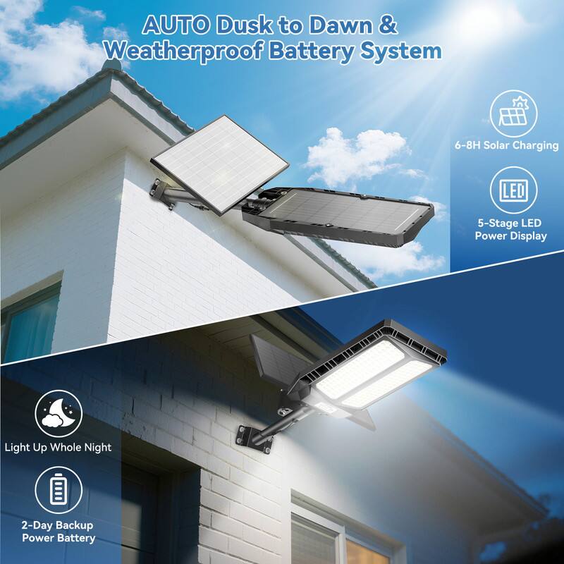 AUTO Dusk to Dawn & Weatherproof Battery System

- 6-8H Solar Charging
- 5-Stage LED Power Display
- Light Up Whole Night
- 2-Day Backup Power Battery