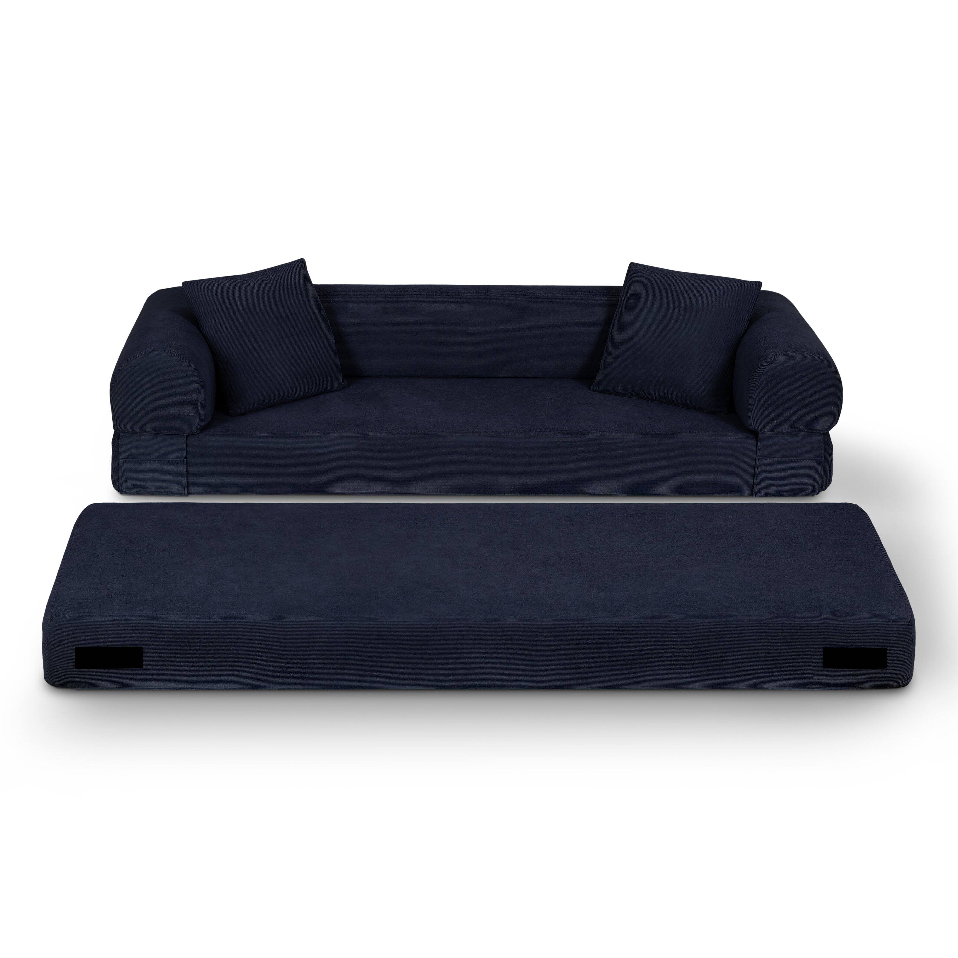 Back. Loheer - Loheer 80 Inch Convertible Sofa Bed Queen, Deep Blue Corduroy Fold Out Couch with Storage, Compressed Couch in a Box - Dark Blue.