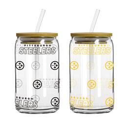 Logo Brands - Pittsburgh Steelers 16oz. Step And Repeat Glass Can with Lid & Straw 2-Pack - Multicolor