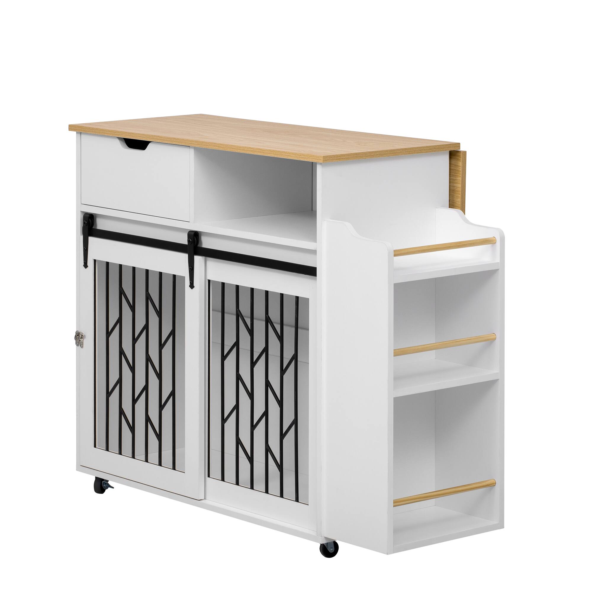Back. Runesay - 2 In 1 33.8" Cream White Modern Dog Crate Kitchen Island With Storage for Small-sized Dogs up to 40lbs with Wheels.