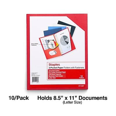 Staples 2-Pocket Paper Folders with Fasteners  
Assorted Colors  
For Padded Paper  
100-Sheet Capacity  
Card 10 Folders  
ST13367  
10/Pack  
Holds 8.5" x 11" Documents (Letter Size)