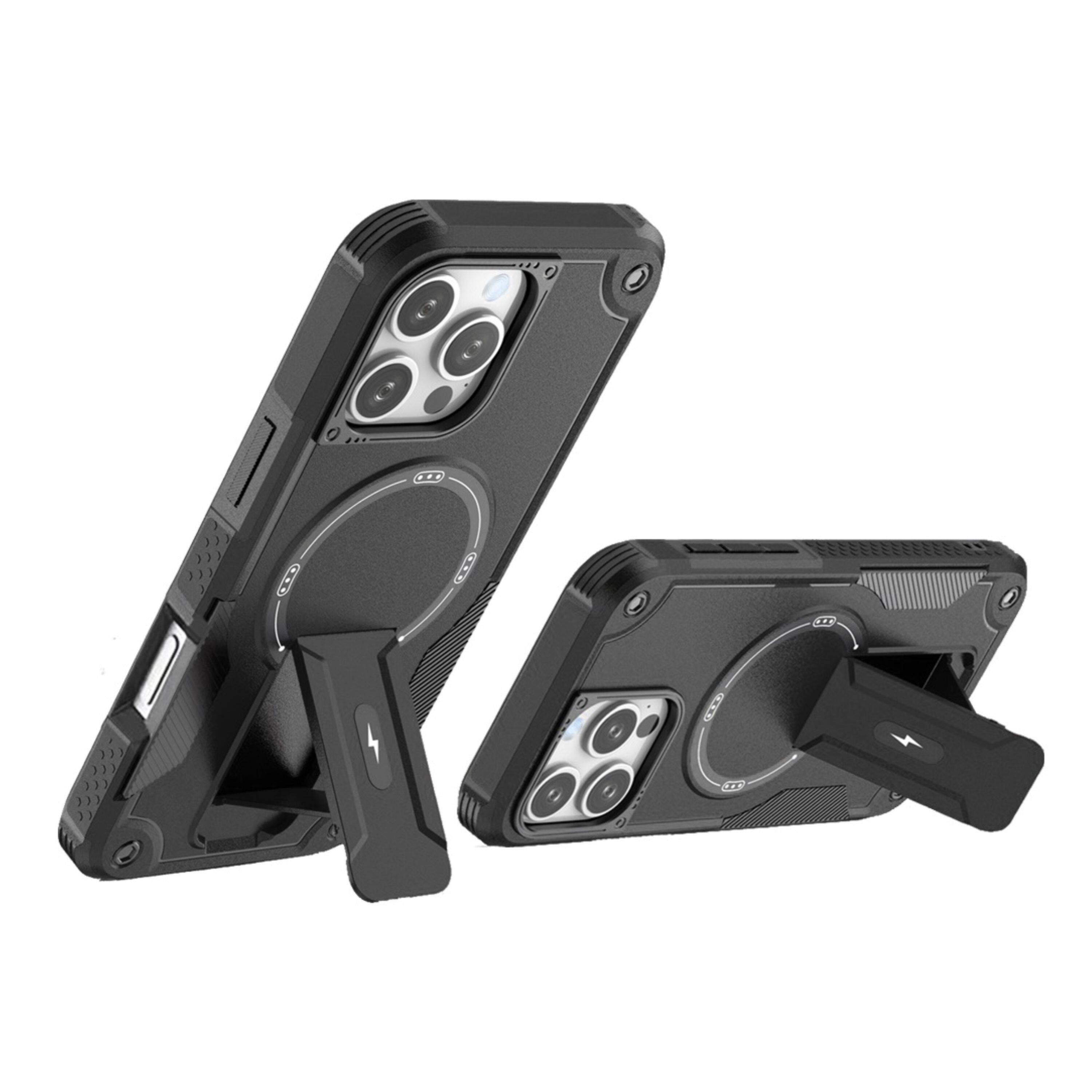 Left. Kitcheniva - Rugged Magnetic Circle Grip Kickstand Phone Case With Tempered Glass For iPhone 16 Pro Black - Black.