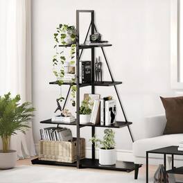 Acekool - 4-Tier Ladder Bookshelf with Sailboat-Inspired A-Frame, Wooden Storage Shelves for Home - Black
