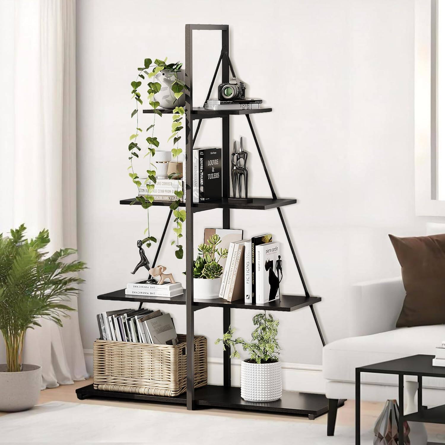 Acekool - 4-Tier Ladder Bookshelf with Sailboat-Inspired A-Frame, Wooden Storage Shelves for Home - Black