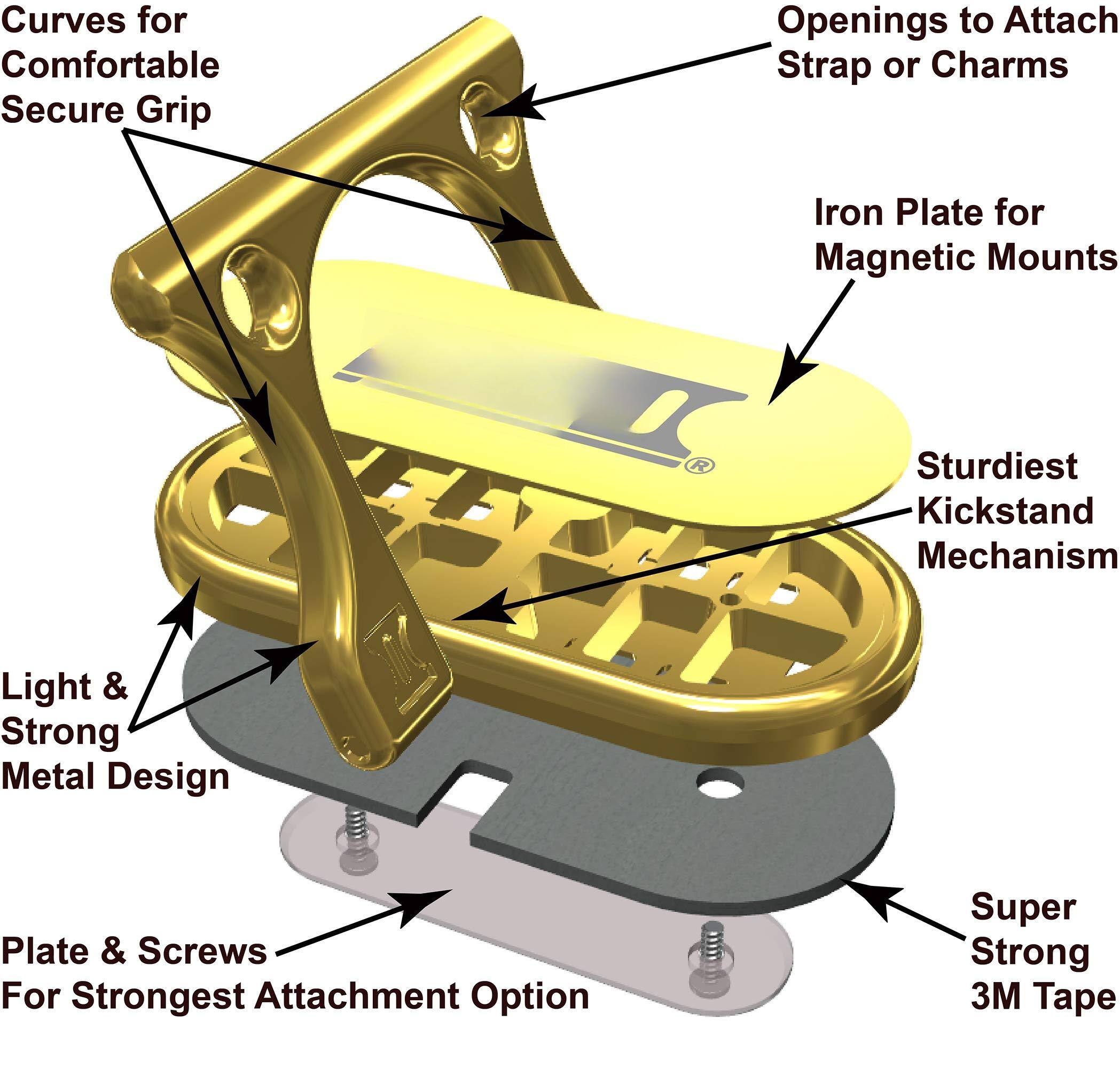 - Curves for Comfortable Secure Grip
- Openings to Attach Strap or Charms
- Iron Plate for Magnetic Mounts
- Sturdiest Kickstand Mechanism
- Light & Strong Metal Design
- Plate & Screws For Strongest Attachment Option
- Super Strong 3M Tape