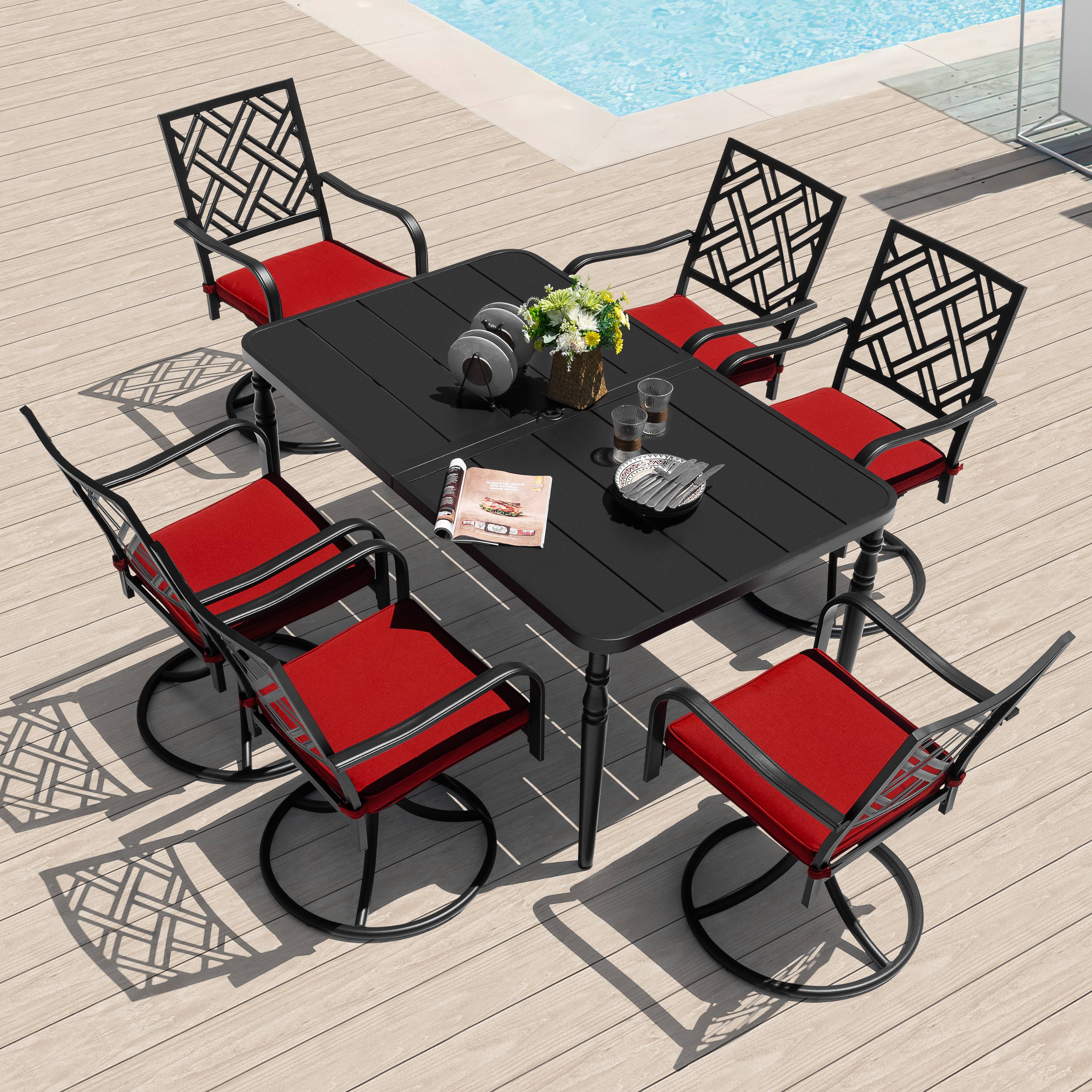 Angle. Nuu Garden - 7PCS Metal Patio Dining Set with Umbrella Hole, Swivel Chairs with Cushions - Black and Red.