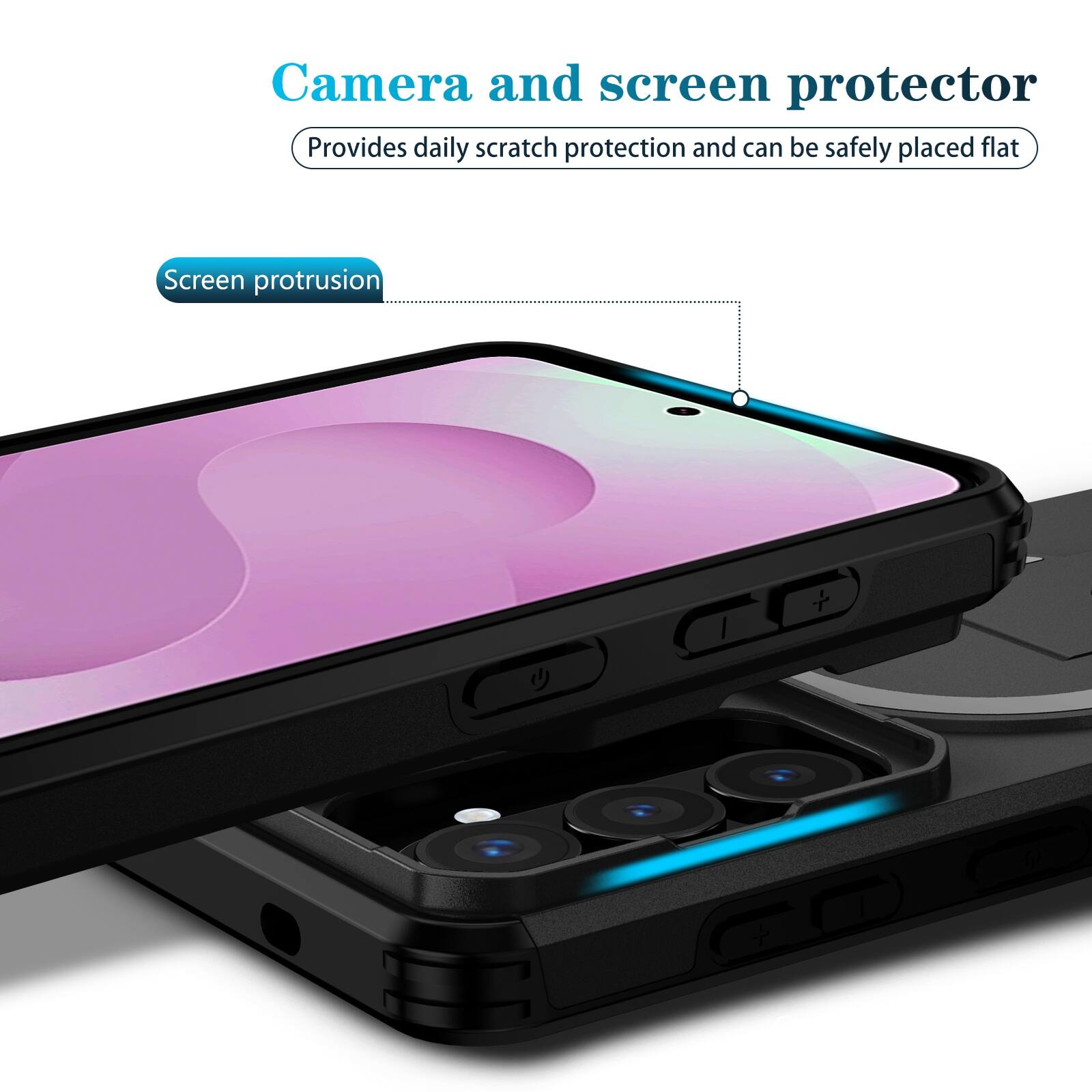Camera and screen protector  
Provides daily scratch protection and can be safely placed flat  
Screen protrusion