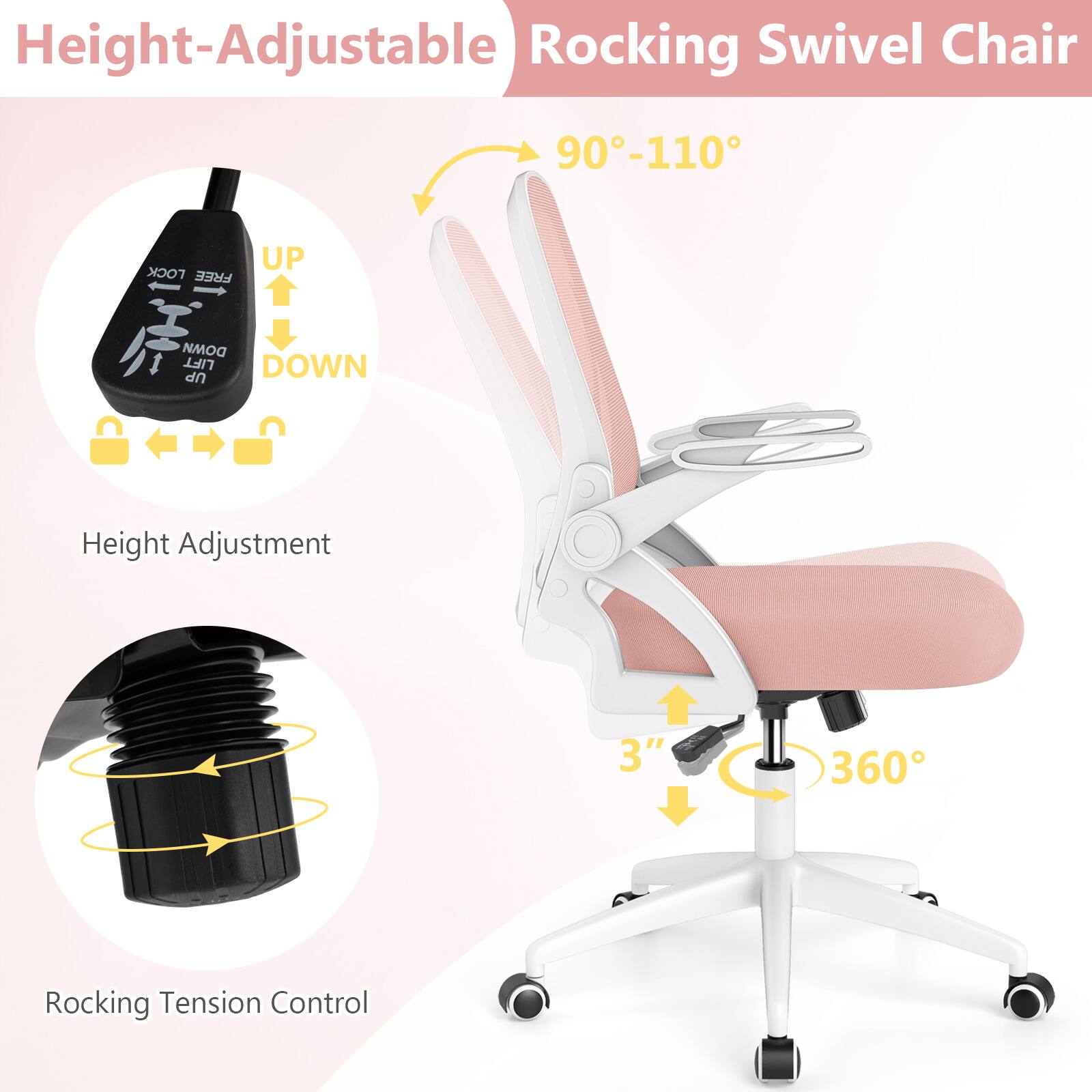 Height-Adjustable Rocking Swivel Chair
- Height Adjustment: UP DOWN
- Rocking Tension Control
- 90°-110°
- 3" Lift
- 360° Swivel