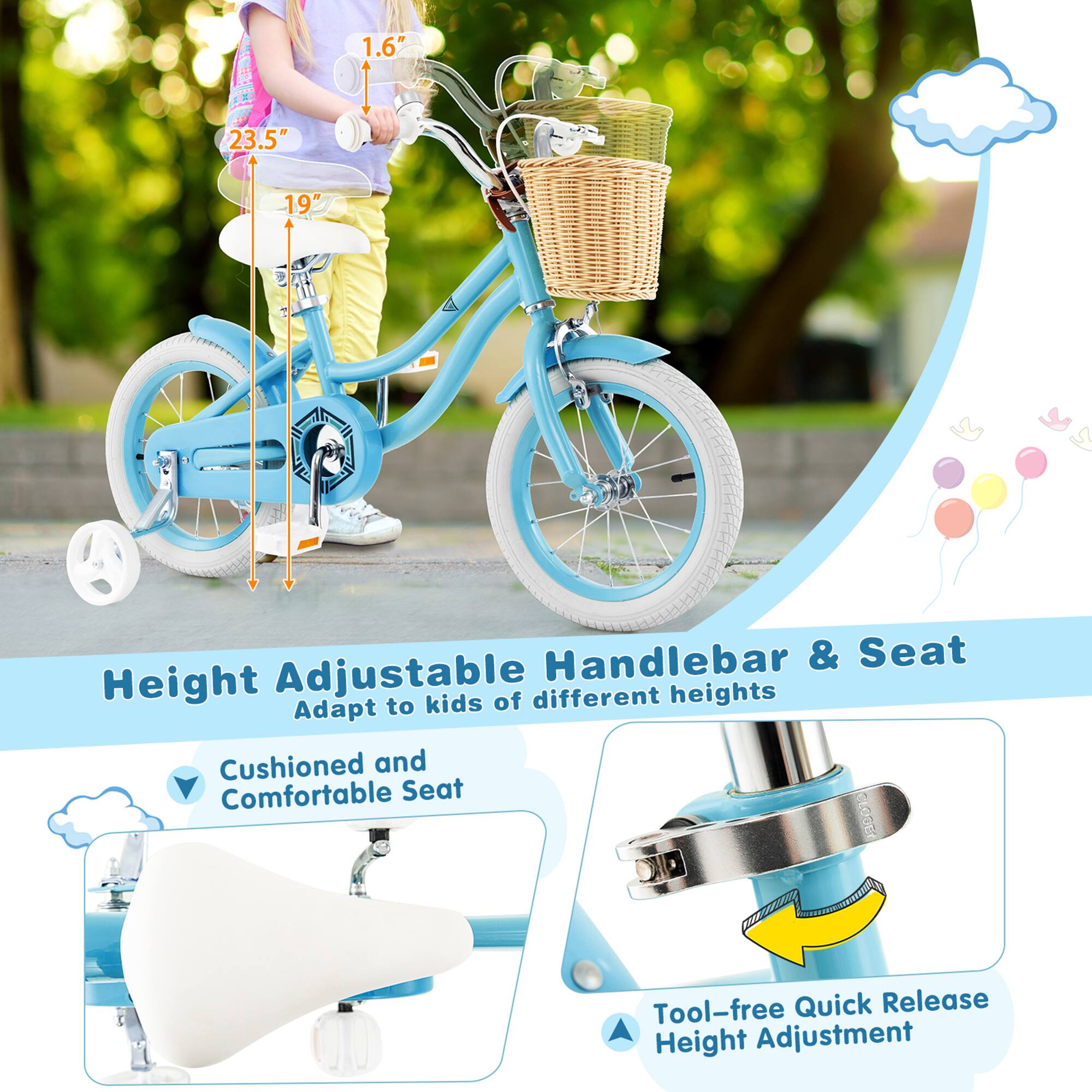 1.6" 23.5" 19" T Handlebar & Seat Height Adjustable of different heights Adapt to kids Cushioned and Comfortable Seat Tool-free Quick Release Height Adjustment