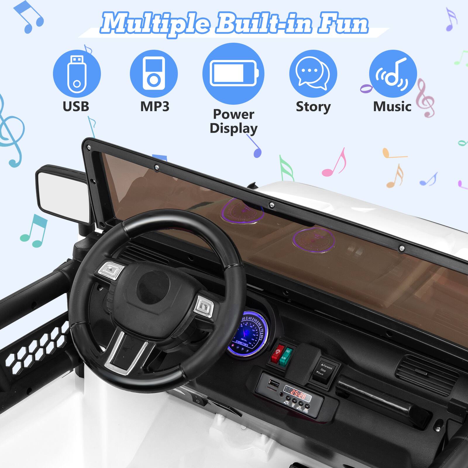 Multiple Built-in Fun

USB MP3 Power Display Story Music