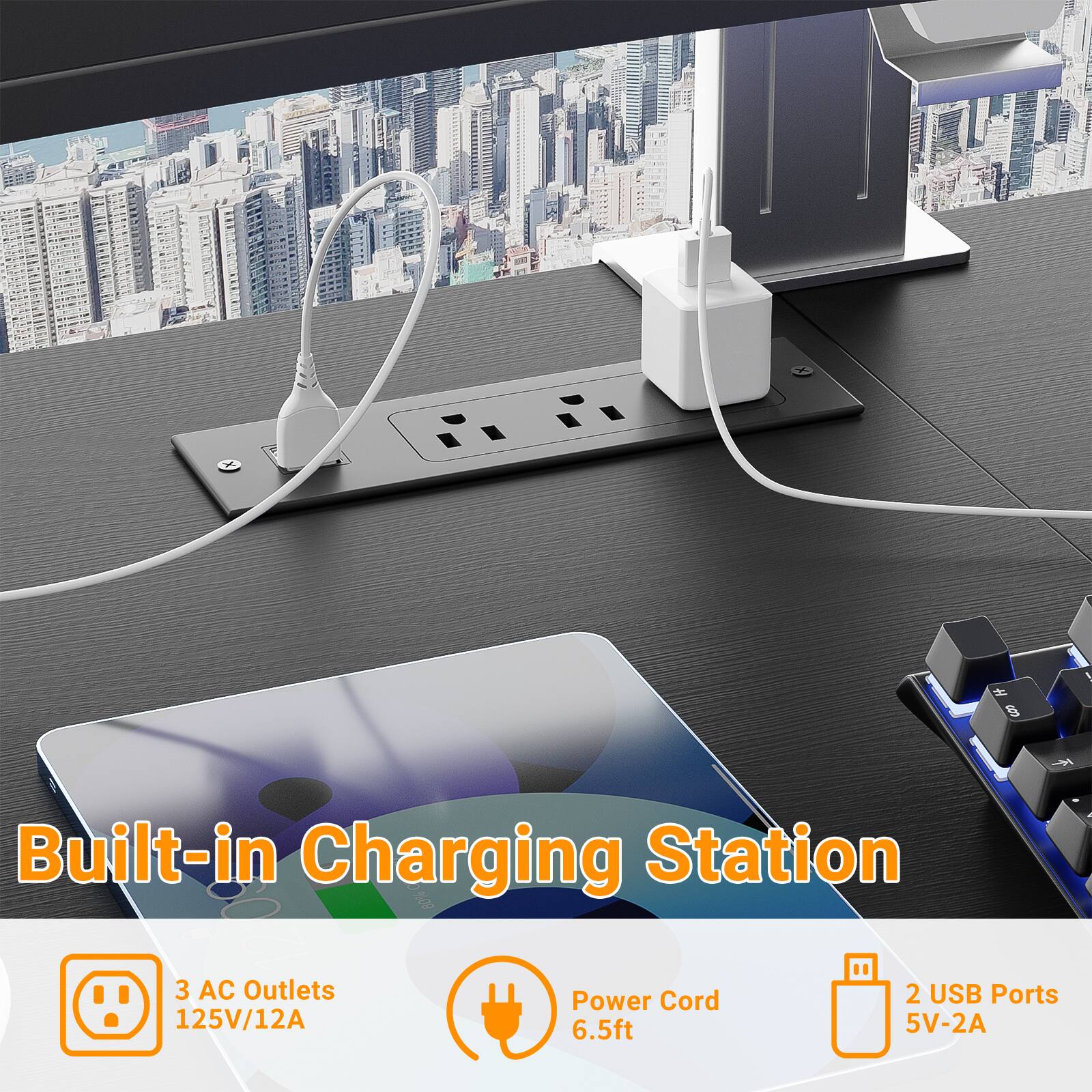 Built-in Charging Station

- 3 AC Outlets
  - 125V/12A

- Power Cord
  - 6.5ft

- 2 USB Ports
  - 5V-2A