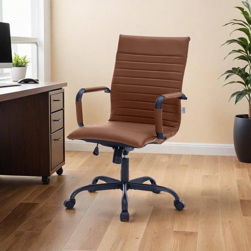 Angle. LeisureMod - Harris Ergonomic High-Back Office Chair Leather Upholstery, Adjustable Swivel, Tilt, and Black Iron Frame - Light Brown.