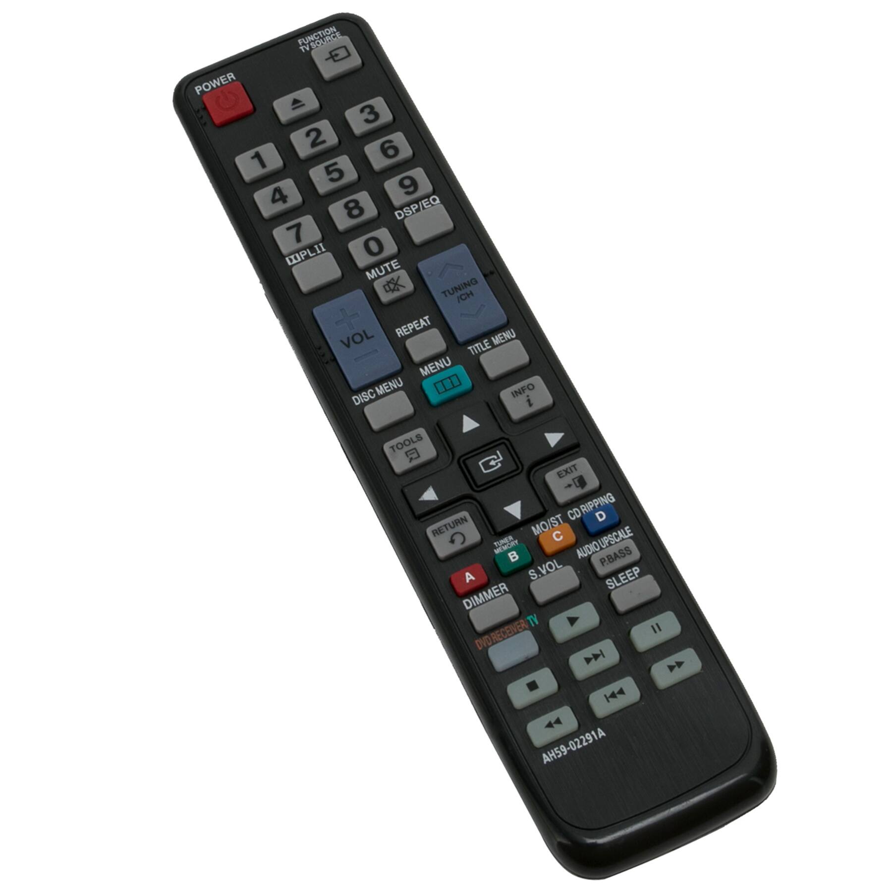 FUNCTION TV POWER  
1 2 3 4 5 6 7 8 9 0  
DSP/EQ  
WPLII  
MUTE  
TUNING ICH  
TITLE MENU  
INFO  
VOL  
REPEAT  
MENU  
DISC MENU  
TOOLS  
EXIT  
MO/ST  
C  
SC  
AUDIOUPSCALE  
PBASS  
S.VOL  
SLEEP  
DIMMER  
DVD REC/TV  
AH59-02291A