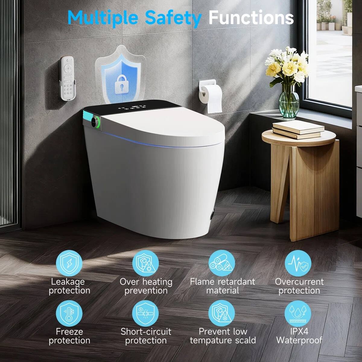 Multiple Safety Functions

- Leakage protection
- Overheating prevention
- Flame retardant material protection
- Overcurrent protection
- Freeze protection
- Short-circuit protection
- Prevent low temperature scald
- IPX4 protection
- Waterproof