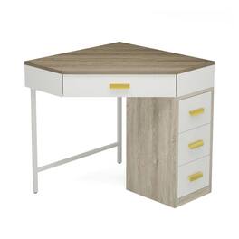 Resenkos - Kadyn Study Writing Desk,Corner Desk, Triangle Computer Makeup Vanity Desk with 3 Drawers - Gray & White