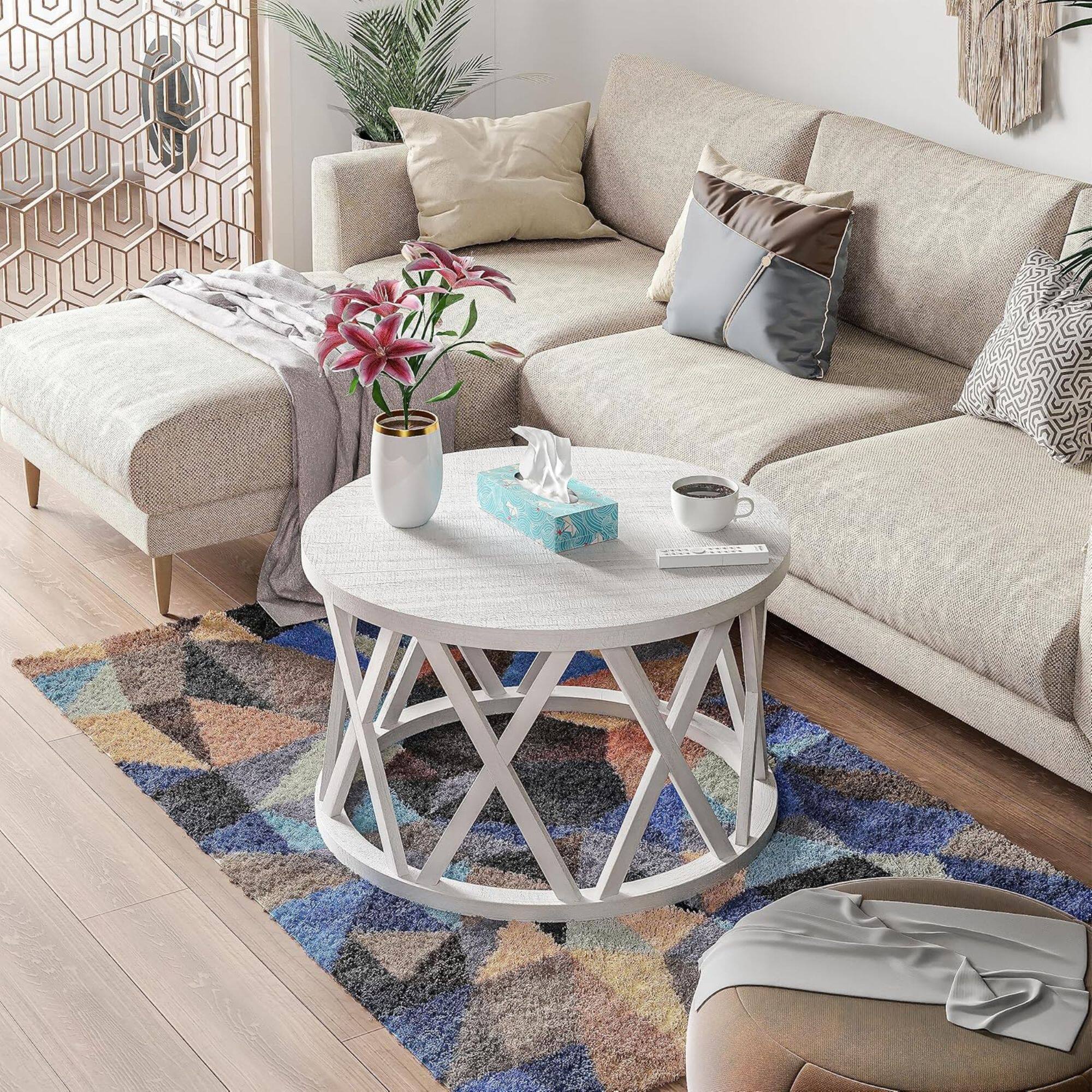 Alt View 5. COZAYH - COZAYH Rustic Farmhouse Round Coffee Table, X-Motifs Legs & Wood Textured Top - Antique white.