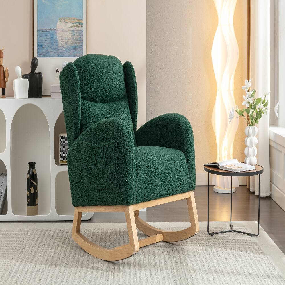 Alt View 2. Loheer - Loheer Green Teddy Fabric Rocking Chair with Wood Legs Ergonomic Living Room Accent Chair - Green.