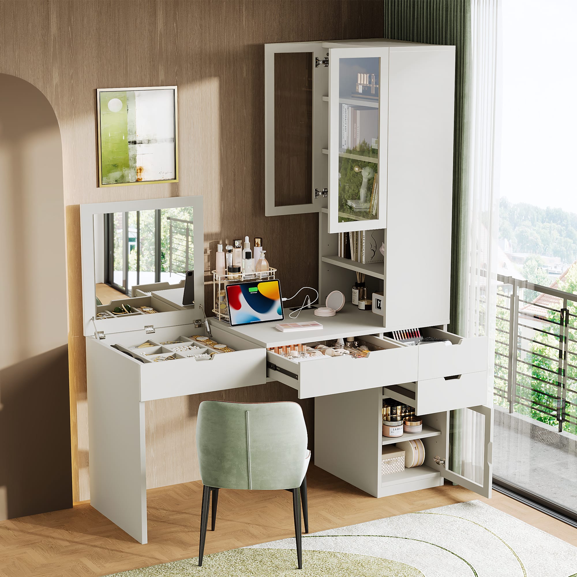 Tiramisubest - Versatile Vanity & Computer Desk with Mirror,Charging Station,Hidden Compartments,3 Drawers,2 Cabinets and Shelves - White