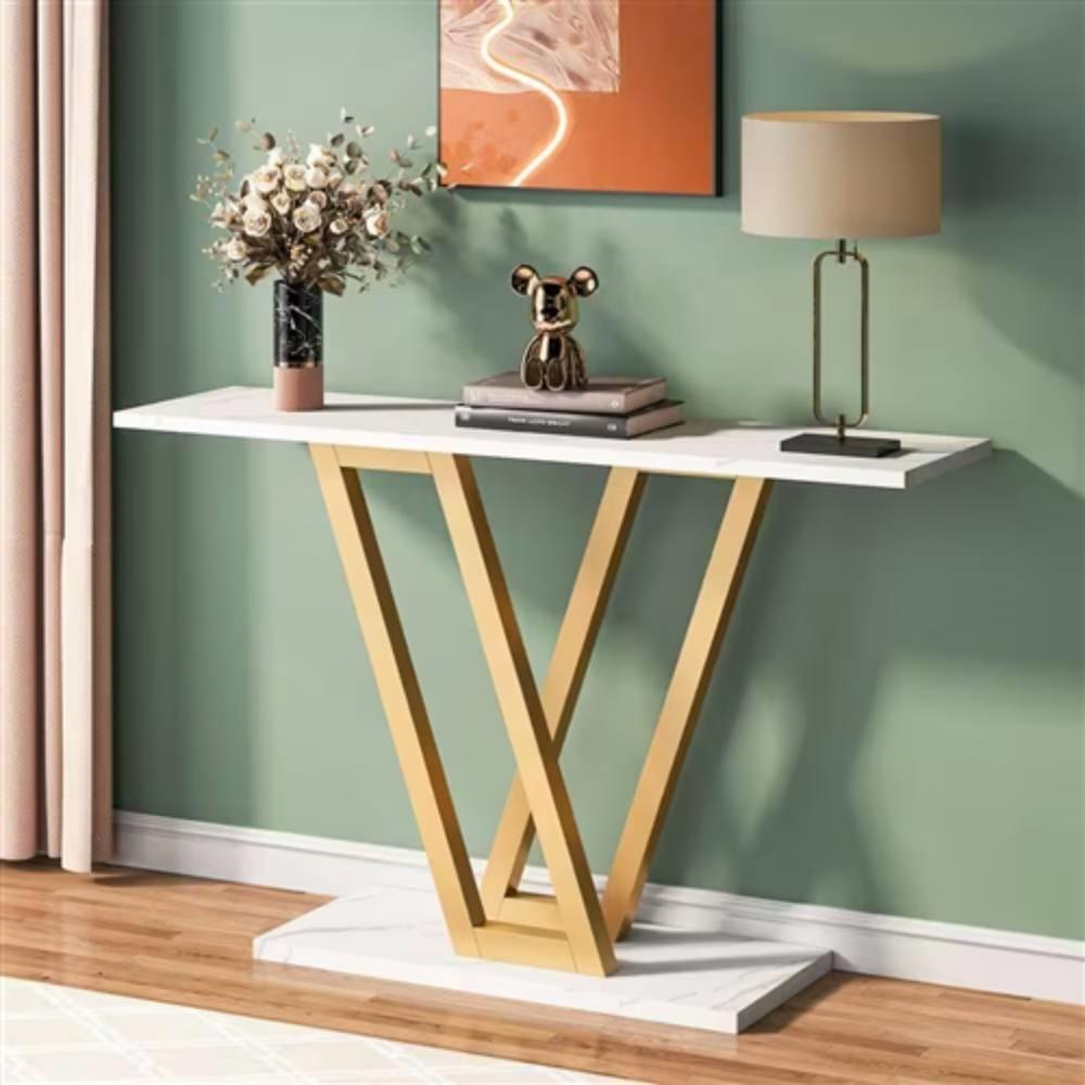 Left. Hivvago - Modern Industrial Console Table with Faux White Marble Top and Gold Frame - White, Gold.