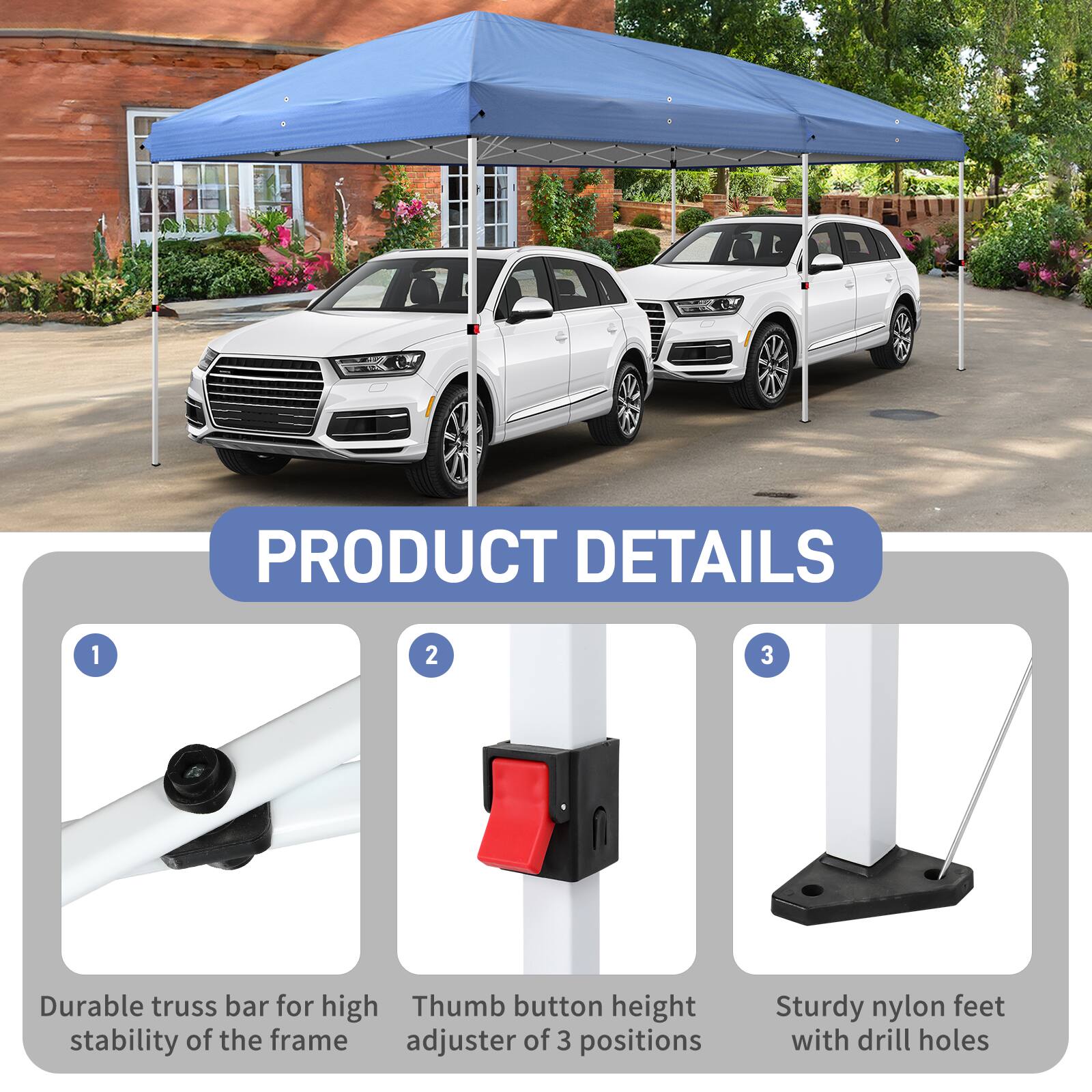 PRODUCT DETAILS

1. Durable truss bar for high stability of the frame
2. Thumb button height adjuster of 3 positions
3. Sturdy nylon feet with drill holes