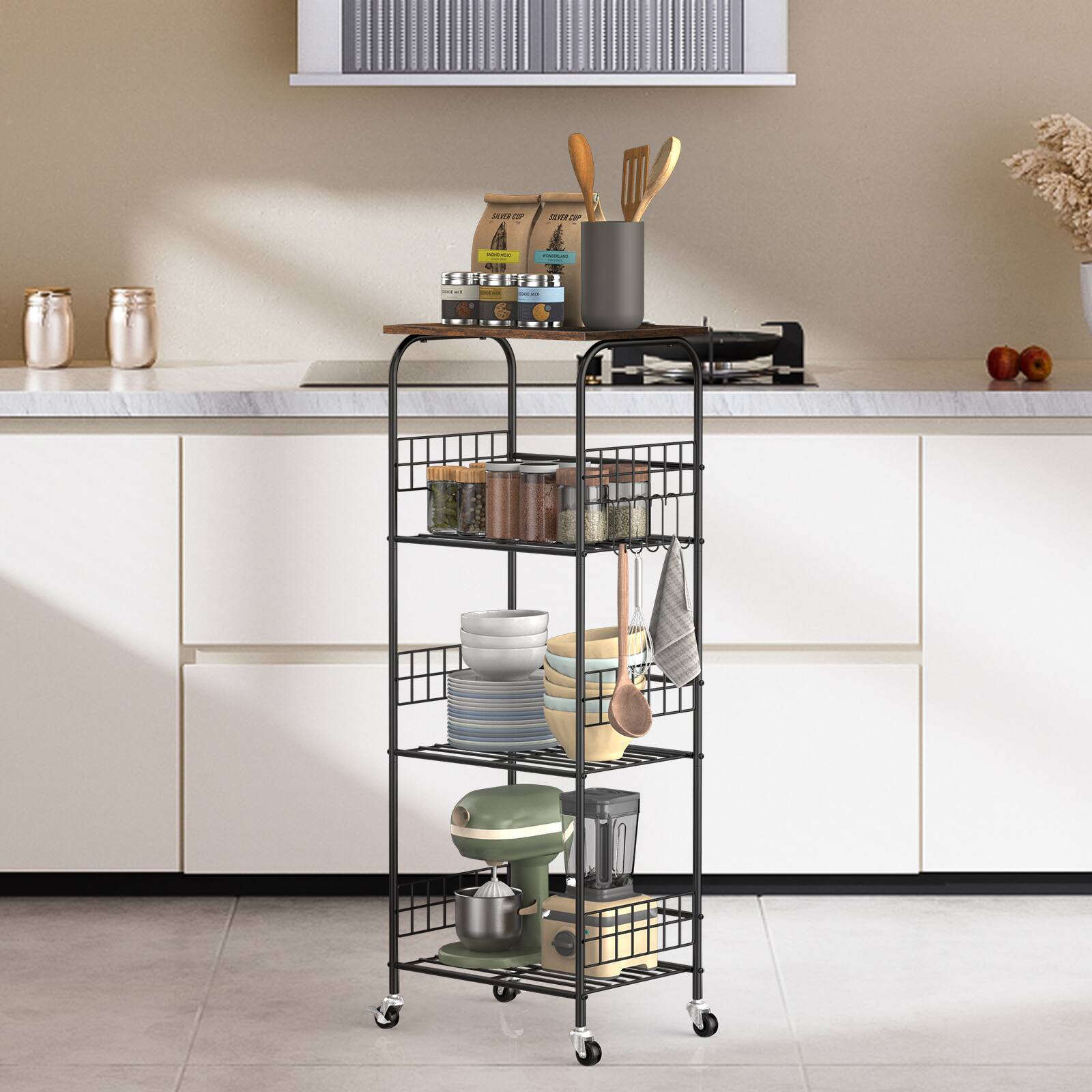 Alt View 1. Oumilen - 4-Tier Wire Storage Shelf with Wood Top, Black Metal Frame & Accessories, Brown - Brown.