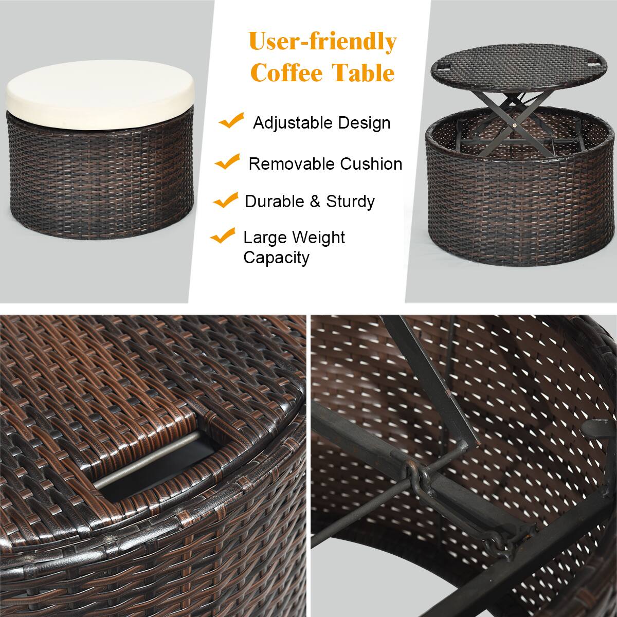 User-friendly Coffee Table Adjustable Design Removable Cushion Durable & Sturdy Large Weight Capacity