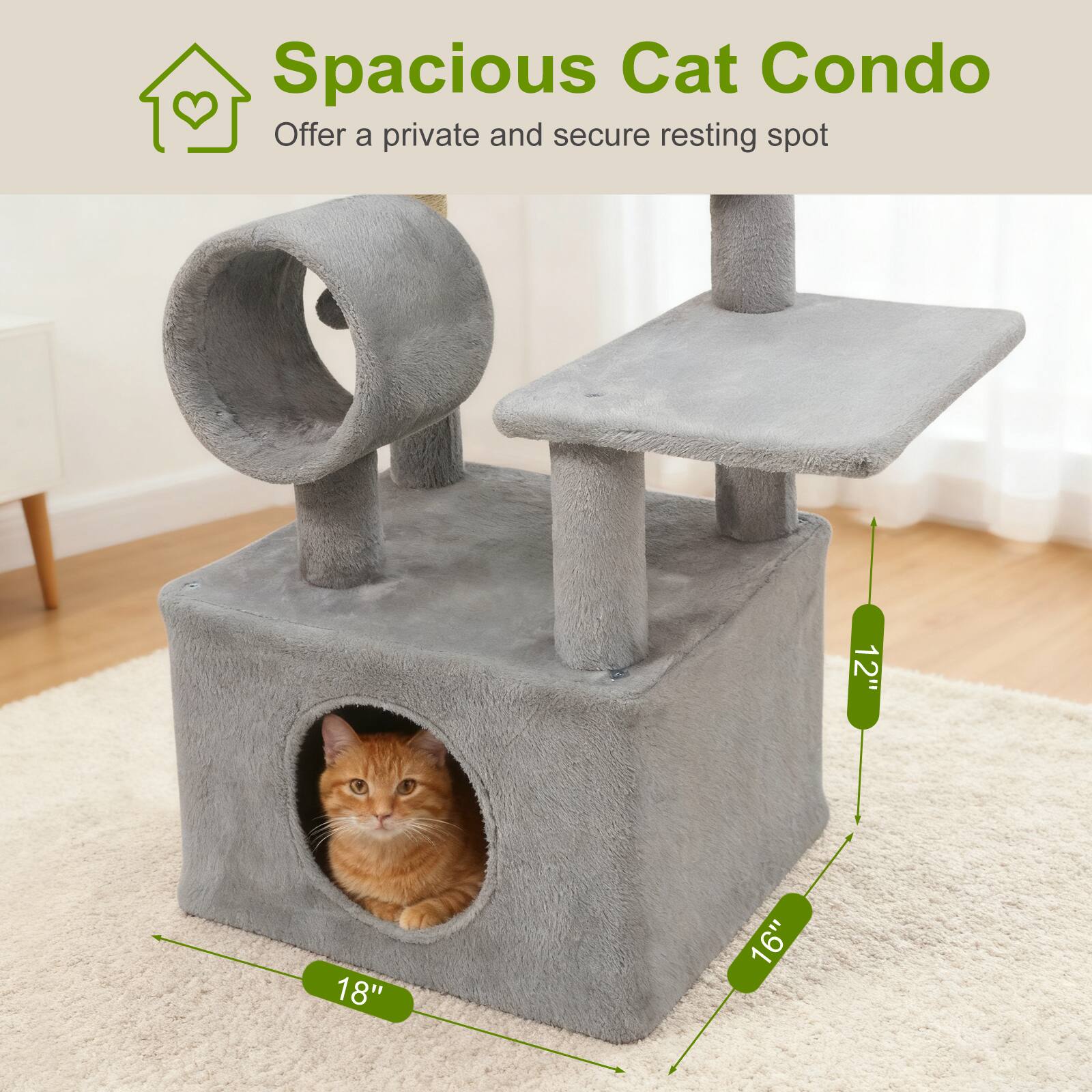Spacious Cat Condo  
Offer a private and secure resting spot  

12"  
16"  
18"