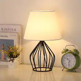 Oumilen - Openwork Metal Cage Table Lamp with White Fabric Shade – Modern Desk Lamp for Bedroom, Living Room