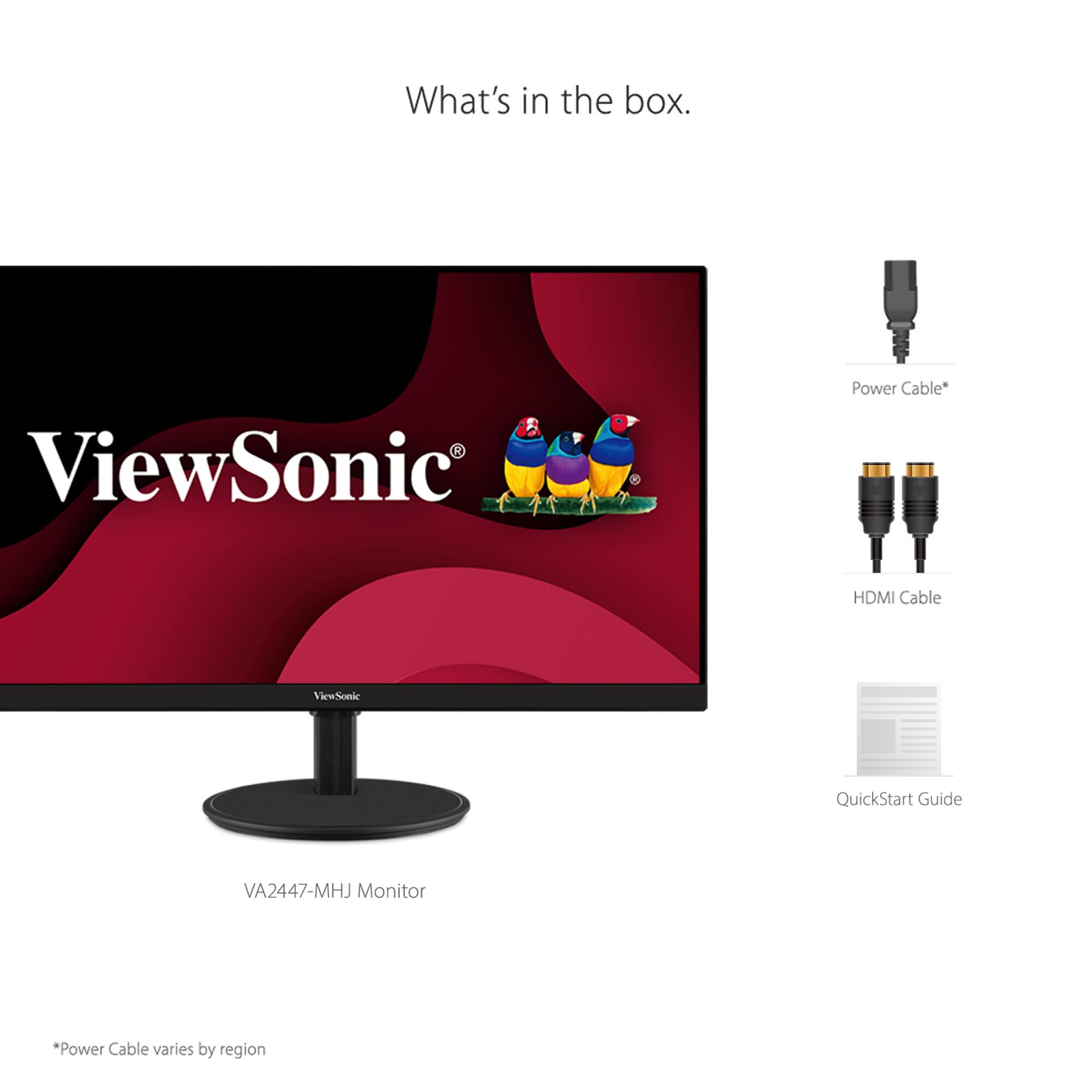 What's in the box: ViewSonic Power Cable, HDMI Cable, ViewSonic QuickStart Guide, VA2447-MHJ Monitor.