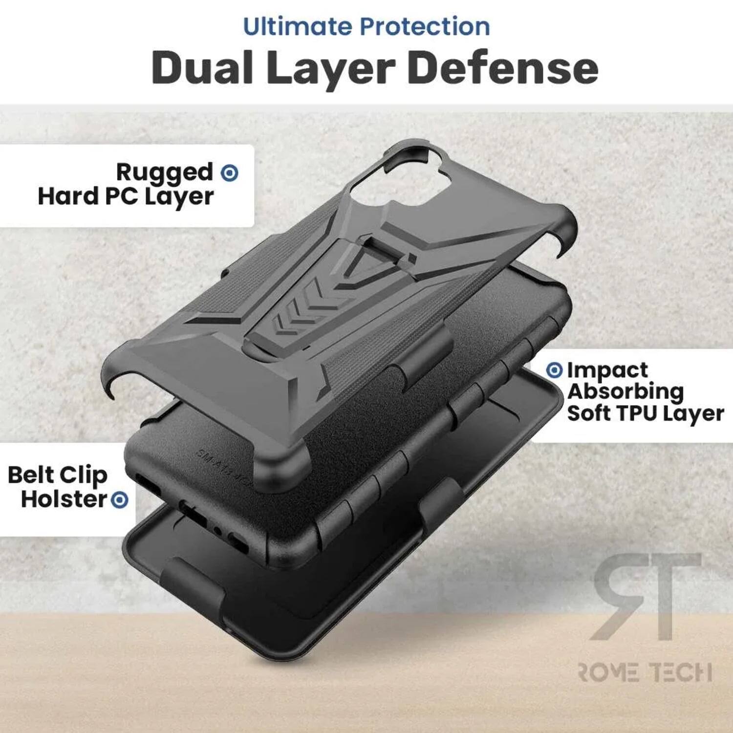 Ultimate Protection Dual Layer Defense  
Rugged Hard PC Layer  
Impact Absorbing Soft TPU Layer  
Belt Clip Holster  
EM-A1ANG  
ROME TECH