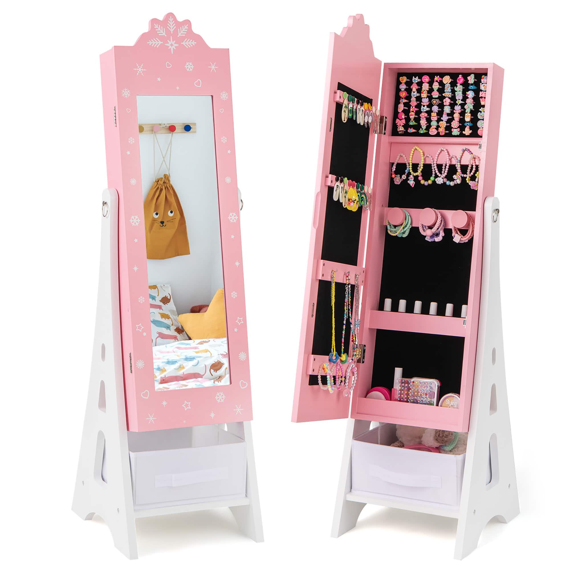 Gymax - Kids Jewelry Cabinet with Full-Length Mirror Drawer 2 Adjustable Tilt Angles - Pink