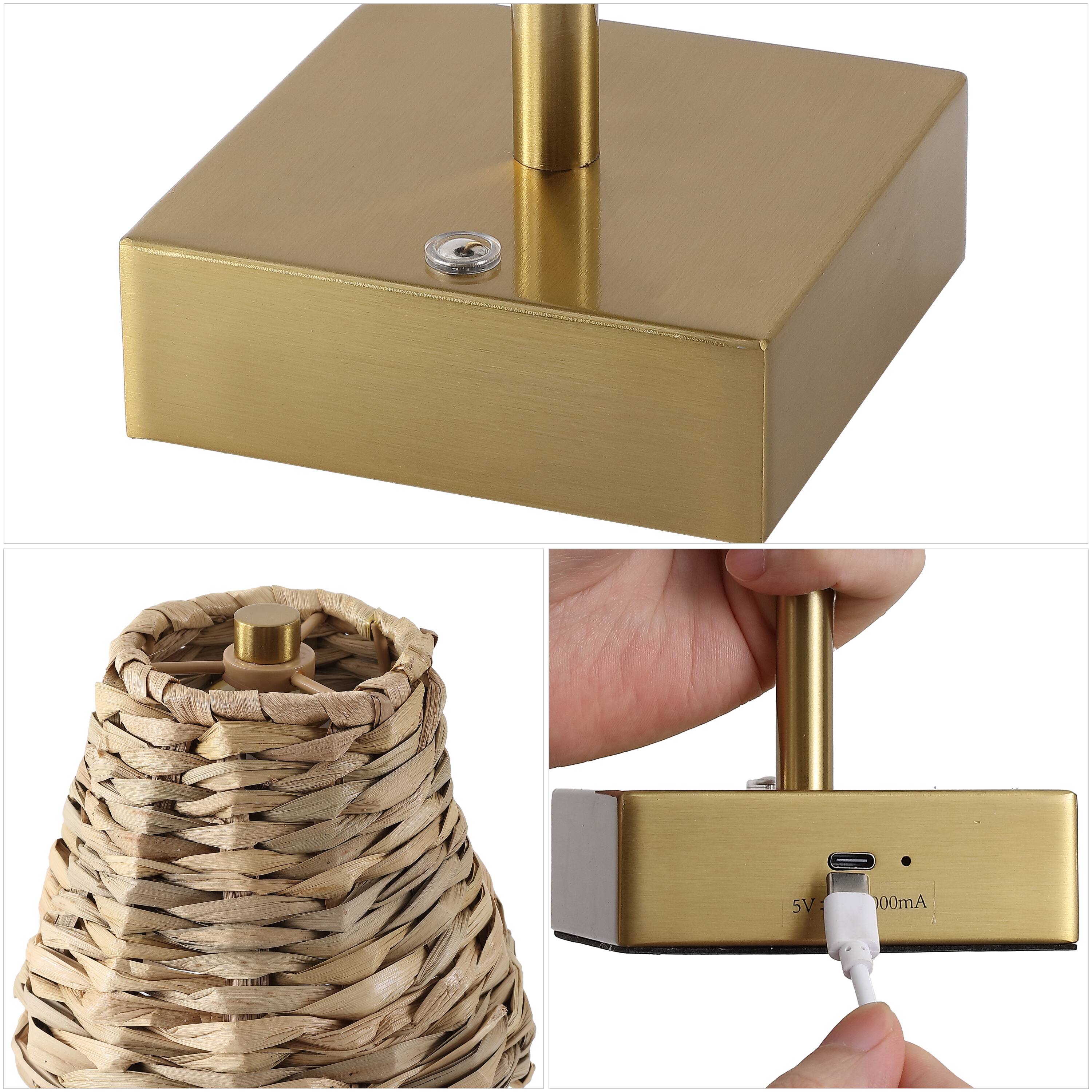 Alt View 4. Jonathan Y - Willow 11" Coastal Cordless Rechargeable Table Lamp Set of 2, Brass Gold with Brown Water Hyacinth Shade, Touch Dimmer - Brass Gold.