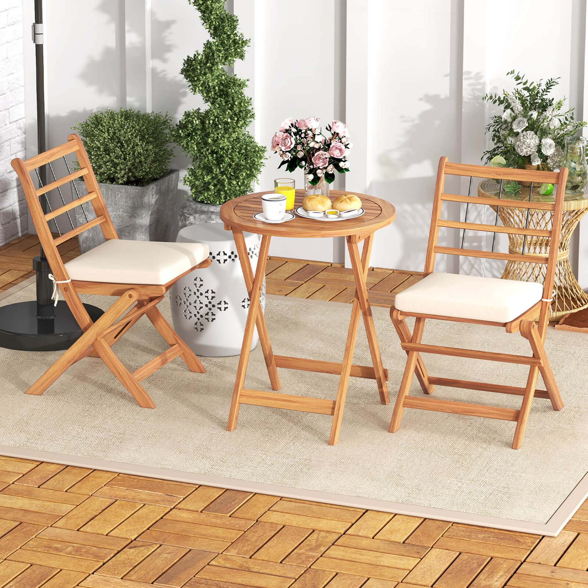 Alt View 3. Costway - 3 PCS Acacia Wood Patio Bistro Set Folding Outdoor Table and Chairs with Cushions - Off White,Natural.