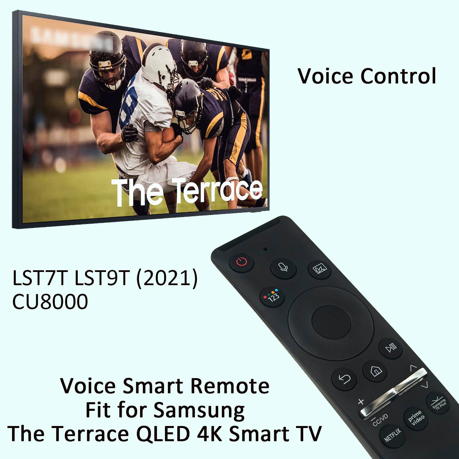 Voice Control, The Terrace, LST7T LST9T (2021) CU8000, Voice Smart Remote, Fit for Samsung The Terrace QLED 4K Smart TV, 123, M, DE, CC/VD, prime, NETFLIX