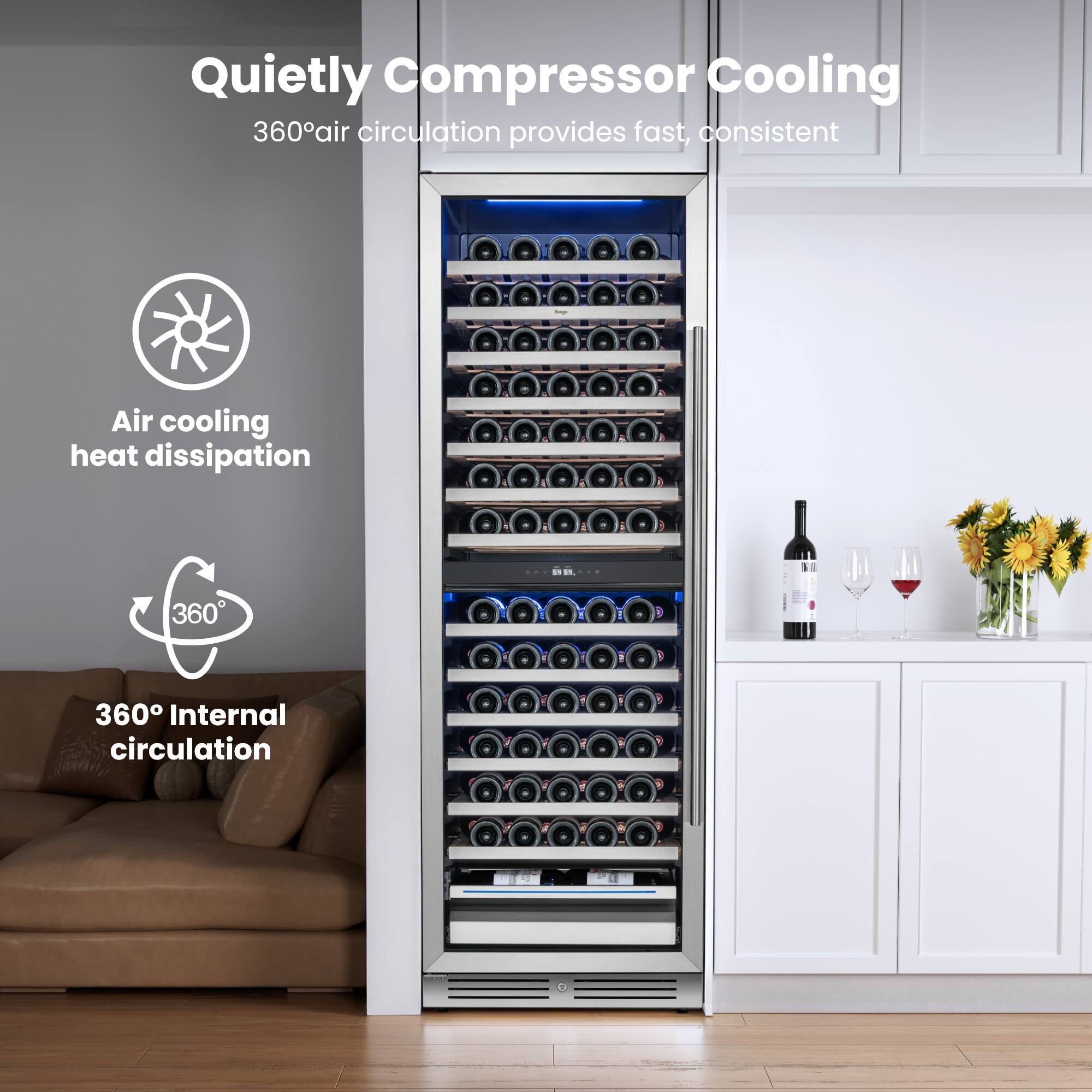 Quietly Compressor Cooling  
360° air circulation provides fast, consistent  
Air cooling heat dissipation  
360° Internal circulation