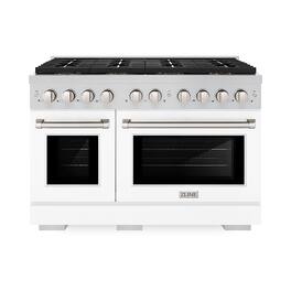 ZLINE - 48 in. Paramount Gas Range with 8 Burner DuoPro Cooktop and Dual Ovens with White Matte Doors (PSGR-WM-48) - Stainless Steel with White Matte Door