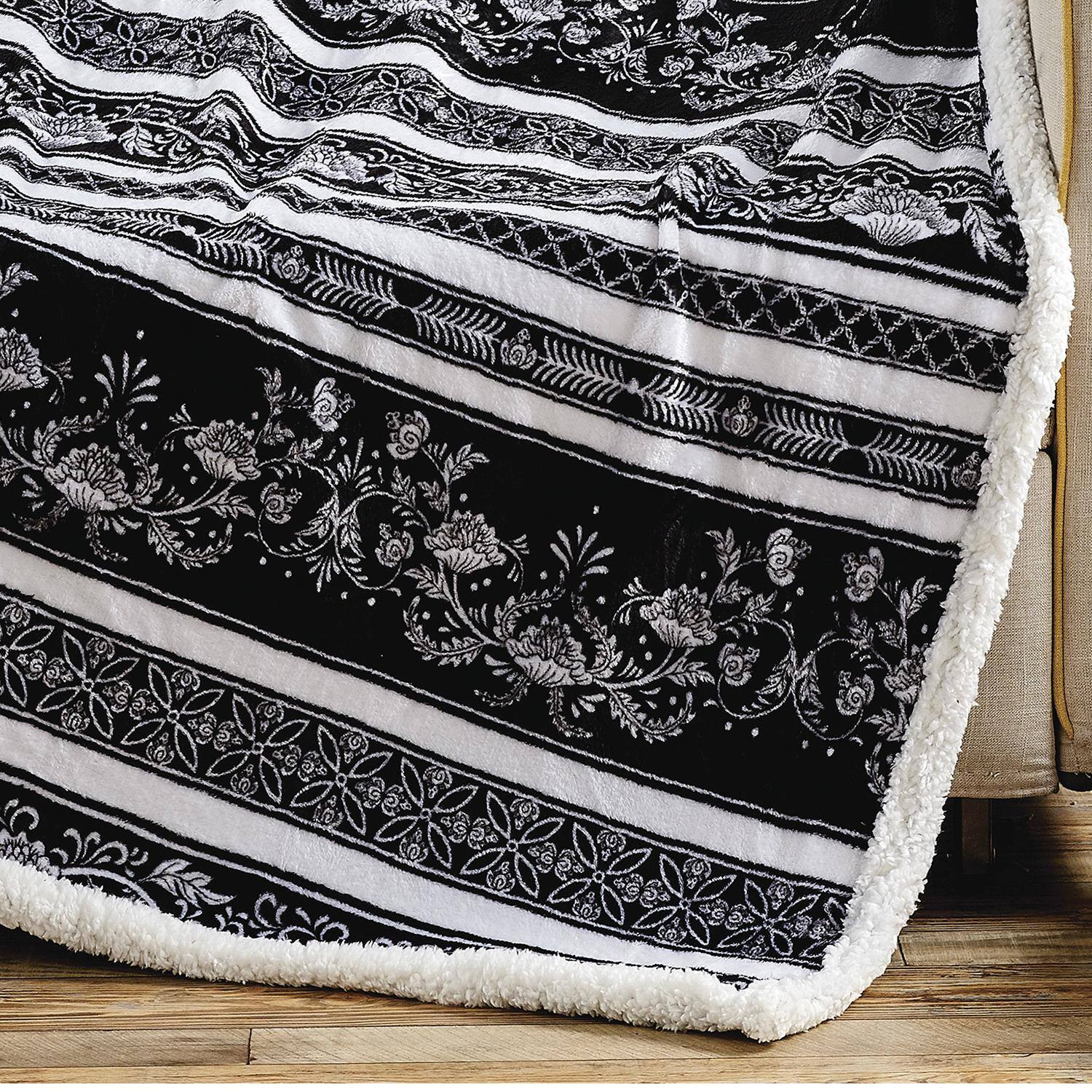 Alt View 3. Noble House - Plazatex Odelia with Sherpa Plush Decorative All Season Plum Throw Blanket 50" x 60" Black - Black.