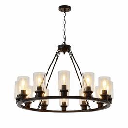 RYHNUYNE - Black Wagon Wheel Chandelier 34.25 Inch Modern Farmhouse 9-Light Ceiling Pendant with Seeded Glass Shades