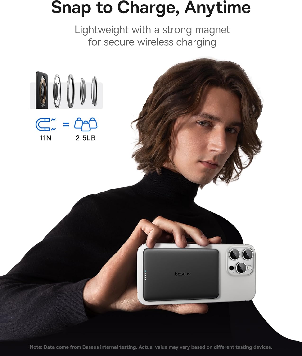 Snap to Charge, Anytime
Lightweight with a strong magnet for secure wireless charging
= 11N 2.5LB
boseus
Note: Data come from Baseus internal testing. Actual value may vary based on different testing devices.