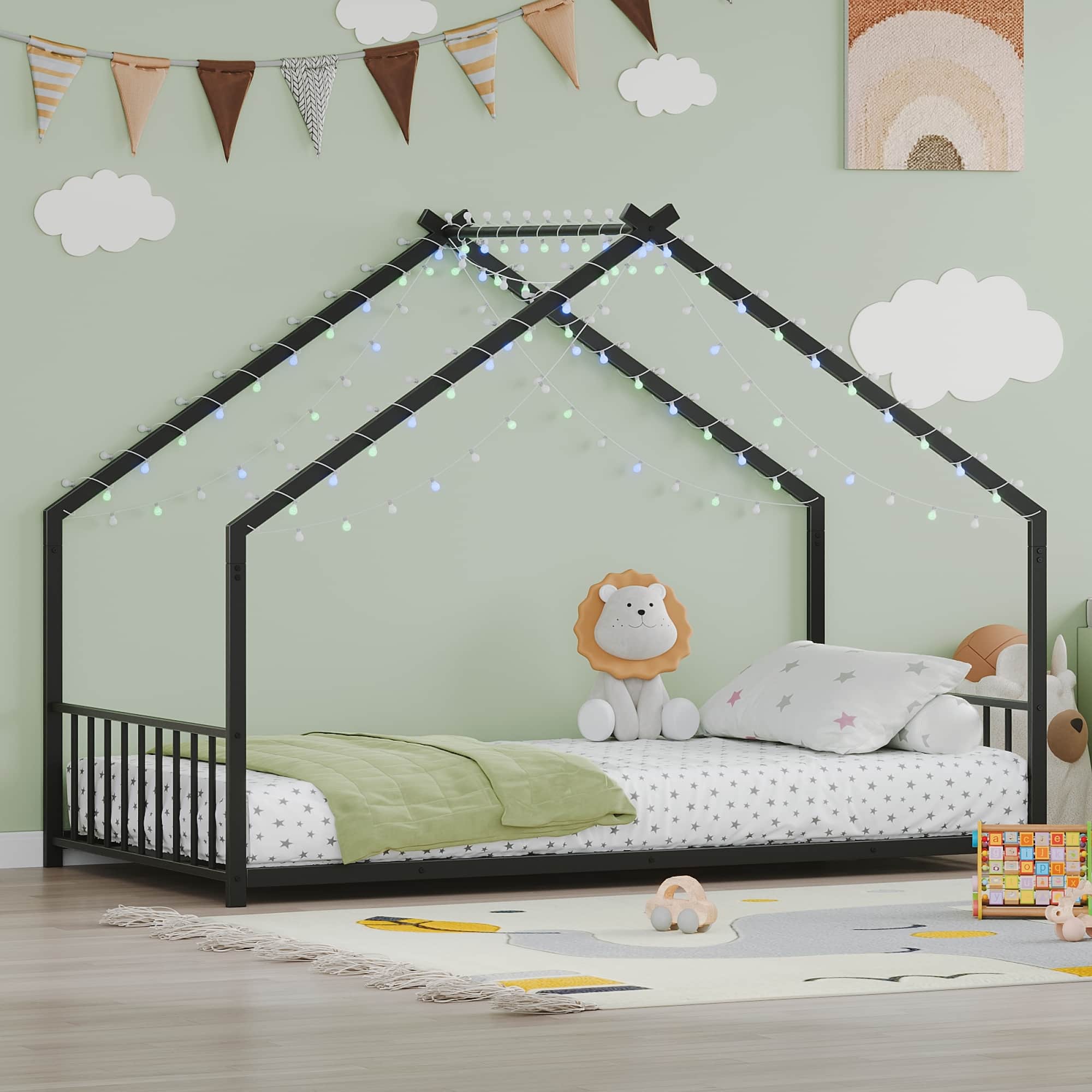 GOODSILO - Twin Size Children's Loft Bed with LED Lighting and Roof Design, Sturdy Iron Frame for Kids Room Decor - Black