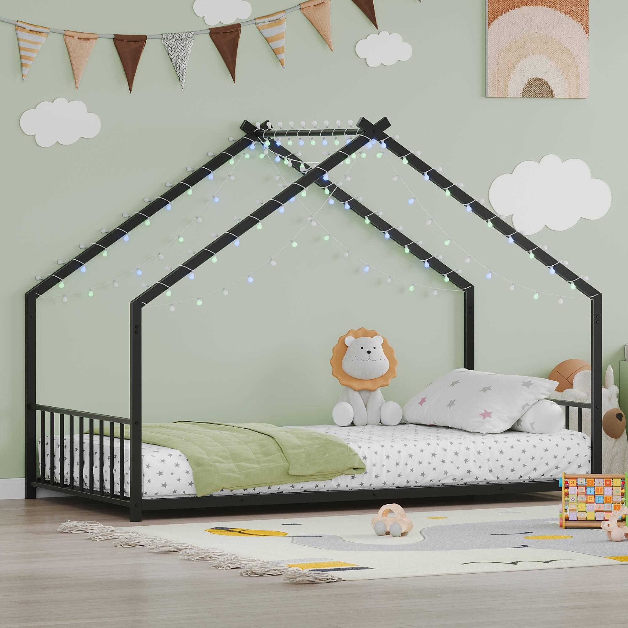 Front. GOODSILO - Twin Size Children's Loft Bed with LED Lighting and Roof Design, Sturdy Iron Frame for Kids Room Decor - Black.