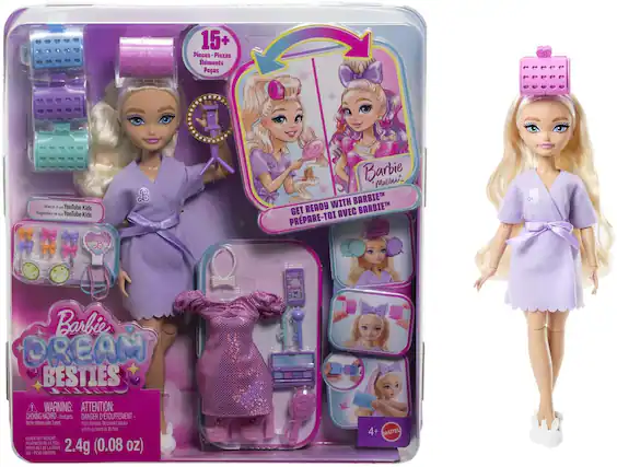 Barbie Dream Besties
15+ Pieces - Piezas - Éléments - Peças
Watch it on YouTube Kids - Regarde-le sur YouTube Kids
Barbie "Malibu" - GET READY WITH BARBIE™ - PRÉPARE-TOI AVEC BARBIE™
WARNING: CHOKING HAZARD - ATTENTION: DANGER D'ÉTOUFFEMENT - Small parts. Not for children under 3 years. - Pequeñas piezas. No es para niños menores de 3 años.
CHALK NET WEIGHT: 2.4g (0.08 oz) - PESO NETO DE LA CÁRTE: 2.4g (0.08 oz)
4+ - MATTEL