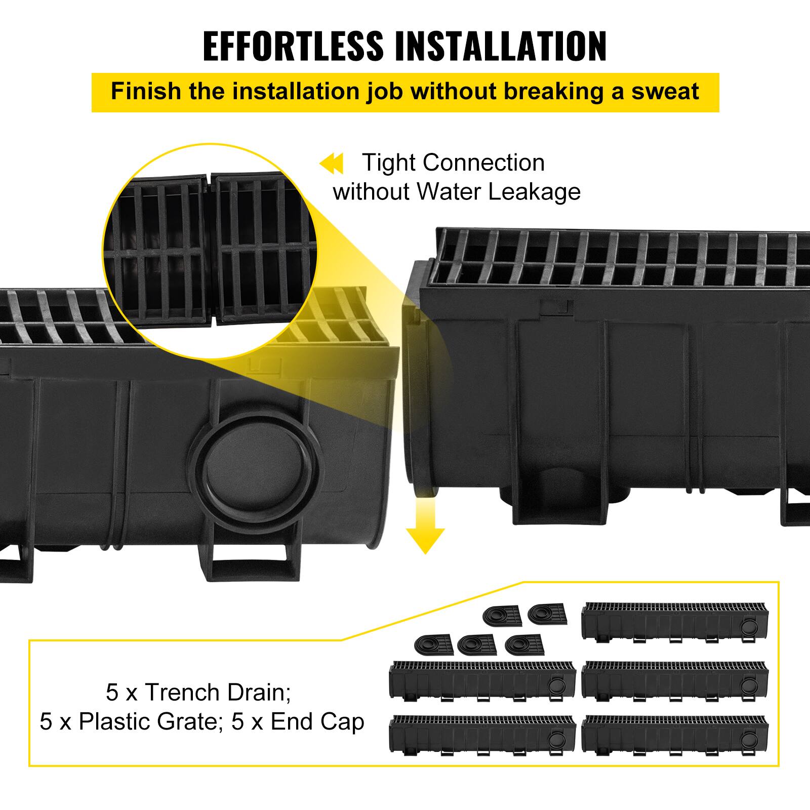 EFFORTLESS INSTALLATION  
Finish the installation job without breaking a sweat  

Tight Connection without Water Leakage  

5 x Trench Drain; 5 x Plastic Grate; 5 x End Cap