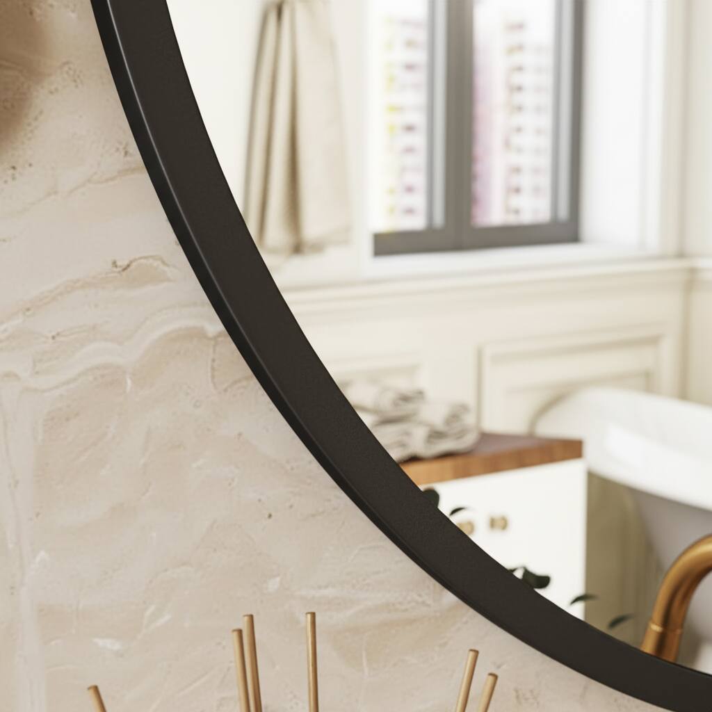 Back. AOITUN - 24" Round Circle Wall Mirror, Thin Frame HD Glass for Bathroom, Bedroom, Vanity, Black.