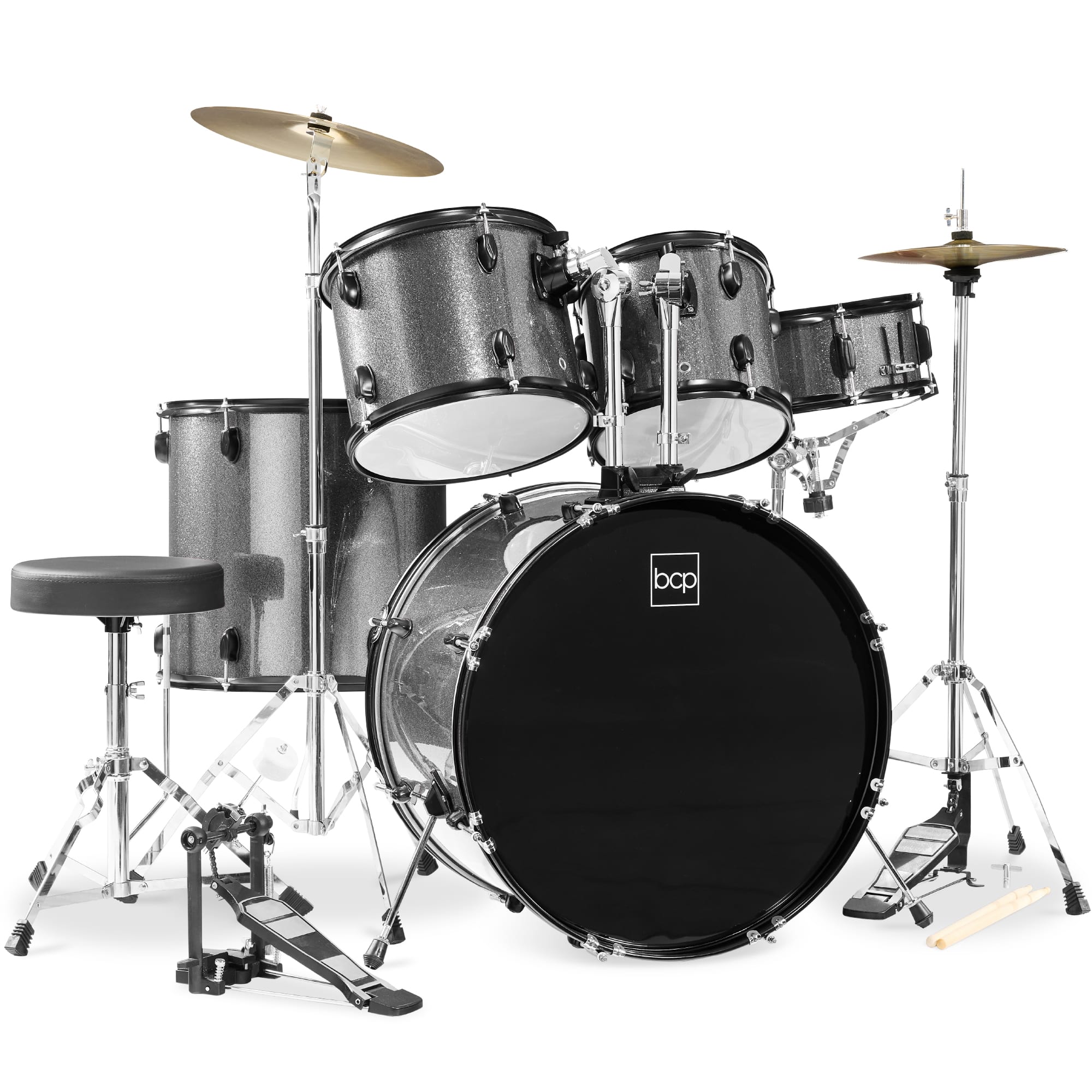 Front. Best Choice Products - Best Choice Products 5-Piece Beginner Drum Set w/ Snare, Bass, Toms, Cymbal, Hi-Hat, Sticks, Drum Pedal - Silver Sparkle - Silver Sparkle.