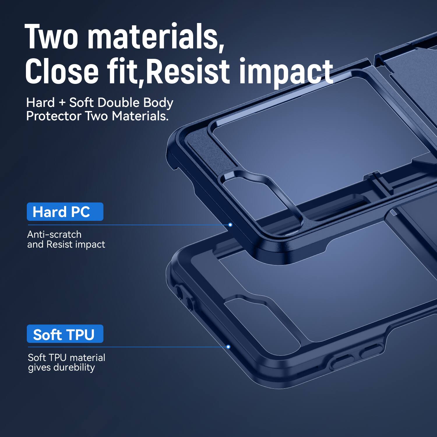 Two materials, Close fit, Resist impact  
Hard + Soft Double Body Protector Two Materials.  
Hard PC  
Anti-scratch and Resist impact  
Soft TPU  
Soft TPU material gives durability